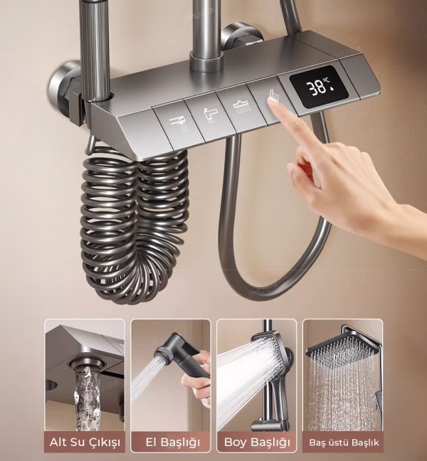 robo dijital led gostergeli piyano tuslu termostatik banyo batarya dus sistemi bakir ve pirinc ic govde 6