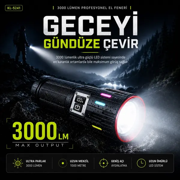robo K-LIGHT KL-5241 Şarjlı Profesyonel El Feneri – 3000 Lümen