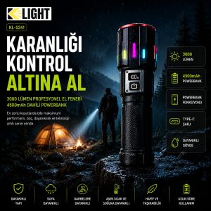 robo K-LIGHT KL-5241 Şarjlı Profesyonel El Feneri – 3000 Lümen, 4500mAh Powerbank, Dijital Ekranlı