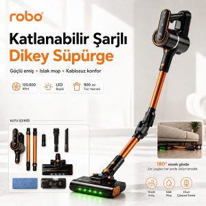 robo Katlanabilir Şarjlı Dikey Süpürge - Islak Mop Başlıklı, LED Işıklı, 300W Güçlü Emiş, 180° Esnek Gövde