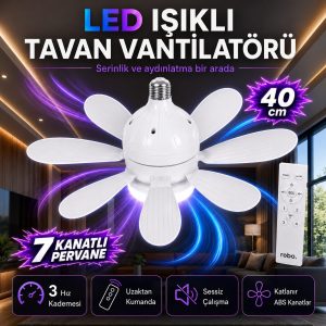 robo LED Işıklı Tavan Vantilatörü – 40 cm, 7 Kanat, E27 Duy, Uzaktan Kumandalı