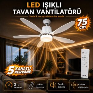 robo LED Işıklı Tavan Vantilatörü – 75 cm, 5 Kanat, E27 Duy, Uzaktan Kumandalı