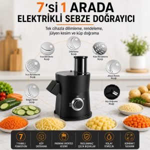 robo Elektrikli Sebze Meyve Doğrayıcı – 8 mm Küp Doğrama, 7 Kesim Aparatı, 65 mm Geniş Besleme
