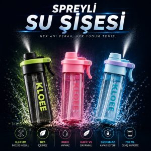 robo KLOEE Spreyli Su Şişesi 750 ml – 0,33 mm Sis Nozulu, Pipetli İçim, BPA İçermez