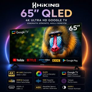 Hiking 65 inç 165 Ekran 4K Ultra HD Uydu Alıcılı Smart QLED Google TV Televizyon