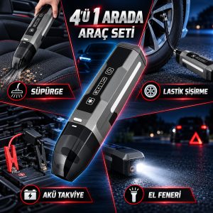 robo 4’ü 1 Arada Şarjlı Araç Süpürgesi, Lastik Şişirme ve Akü Takviye Cihazı
