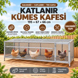 robo Katlanır Kafes – Galvaniz Kümes Kafesi, Altıgen Tel Örgü, Yerden Yüksek, 195×67×66 cm
