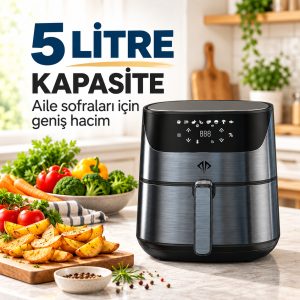 Trident TAF-509 XL Inox Airfryer Hava Fritözü – 5 Litre XL Büyük, 2000 W, Dijital Dokunmatik Ekran
