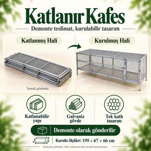 robo Katlanır Kafes – Galvaniz Kümes Kafesi, Altıgen Tel Örgü, Yerden Yüksek, 195×67×66 cm